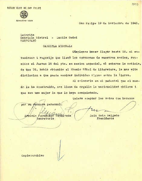 [Carta] 1945 nov. 19, San Felipe, Chile [a] Gabriela Mistral, Estocolmo, [Suecia]