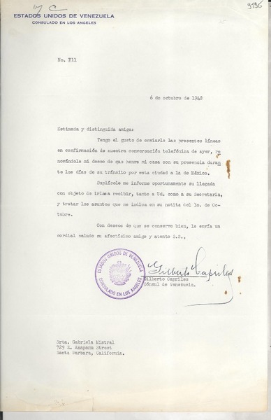 [Carta] 1948 oct. 6, Los Ángeles, [E.E.U.U.] [a] Gabriela Mistral, Santa Bárbara, California