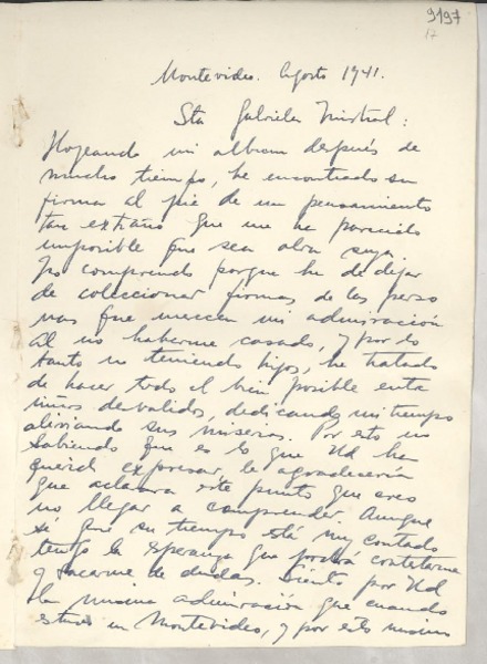 [Carta] 1941 ago., Montevideo, [Uruguay] [a] Gabriela Mistral