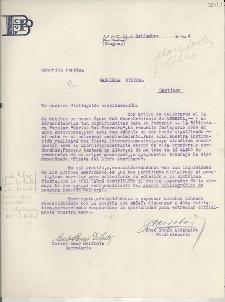 [Carta] 1944 sept. 13, La Paz, [Uruguay] [a] Gabriela Mistral, Santiago