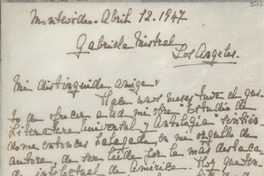 [Carta] 1947 abr. 12, Montevideo, [Uruguay] [a] Gabriela Mistral