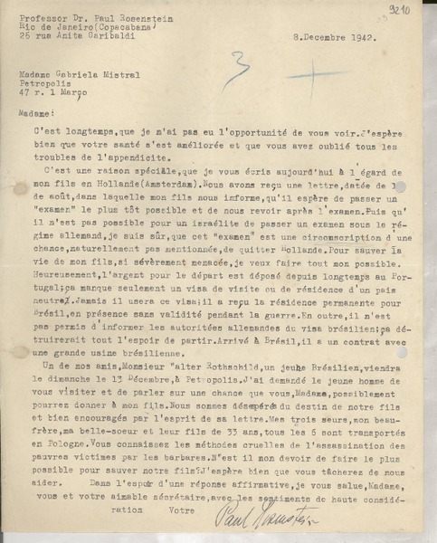 [Carta] 1942 déc. 8, Rio de Janeiro, [Brasil] [a] Gabriela Mistral, Petrópolis