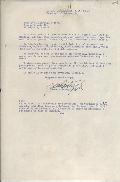 [Carta] 1944 feb. 10, Caracas, [Venezuela] [a] Gabriela Mistral, Petrópolis, Brasil
