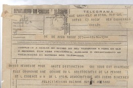 [Telegrama] 1945 nov. 19, Rio, [Brasil] [a] Gabriela Mistral, Rio de Janeiro, [Brasil]