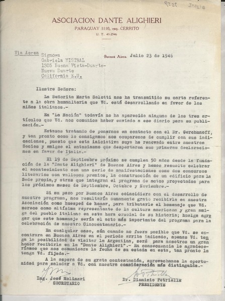 [Carta] 1946 jul. 23, Buenos Aires, [Argentina] [a] Gabriela Mistral, California, [EE.UU.]