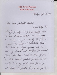 [Carta] 1945 Sept. 17, [New York City], [EE.UU.] [a] Gabrielle [i.e Gabriela] Mistral