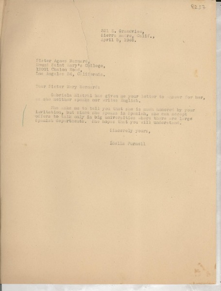 [Carta] 1946 Apr. 5, Sierra Madre, Calif., [EE.UU.] [a la] Sister Agnes Barnard, Los Angeles, California, [EE.UU.]