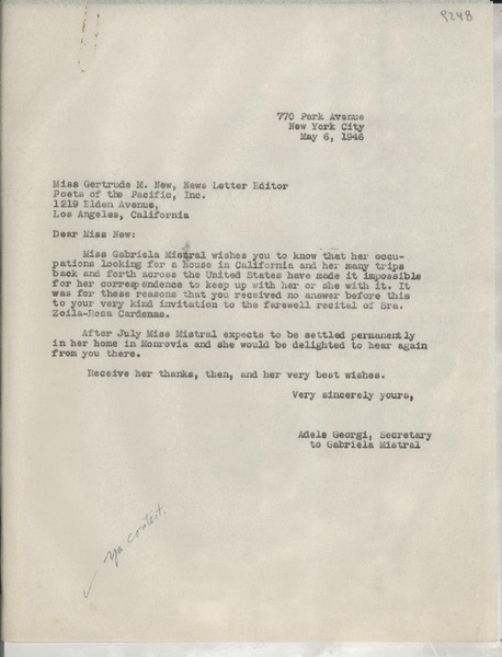 [Carta] 1946 May 6, New York, [EE.UU.] [a] Gertrude M. New, [Los Angeles], [California], EE.UU.]