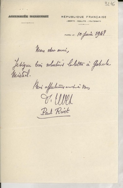 [Carta] 1948 juin 10, París, [Francia] [a] Gabriela Mistral