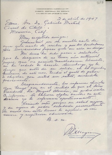 [Carta] 1947 abr. 2, Los Ángeles, California, [Estados Unidos] [a] Gabriela Mistral, Monrovia, California