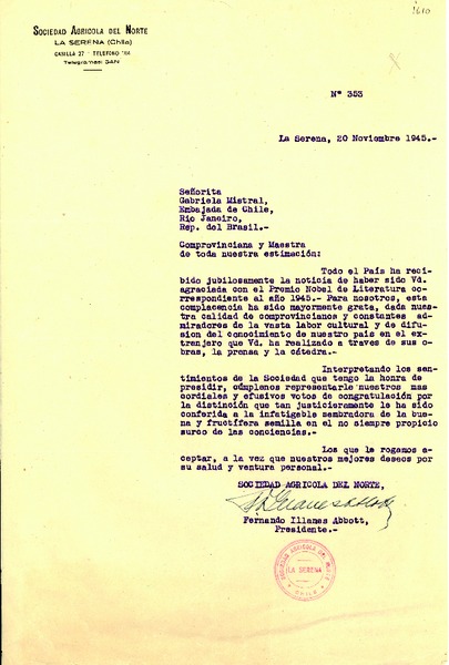 [Carta] 1945 nov. 20, La Serena [a] Gabriela Mistral, Río de Janeiro