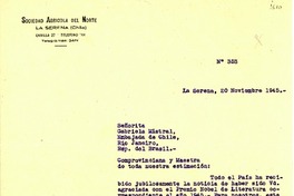 [Carta] 1945 nov. 20, La Serena [a] Gabriela Mistral, Río de Janeiro