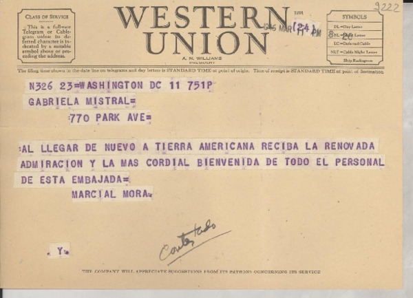 [Telegrama] 1946 mar. 11, Washington D. C., [Estados Unidos] [a] Gabriela Mistral, Nueva York