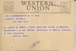 [Telegrama] 1946 mar. 11, Washington D. C., [Estados Unidos] [a] Gabriela Mistral, Nueva York