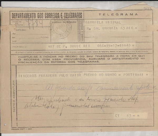 [Telegrama] 1945 nov. 17, Río de Janeiro, [Brasil] [a] Gabriela Mistral, Petrópolis