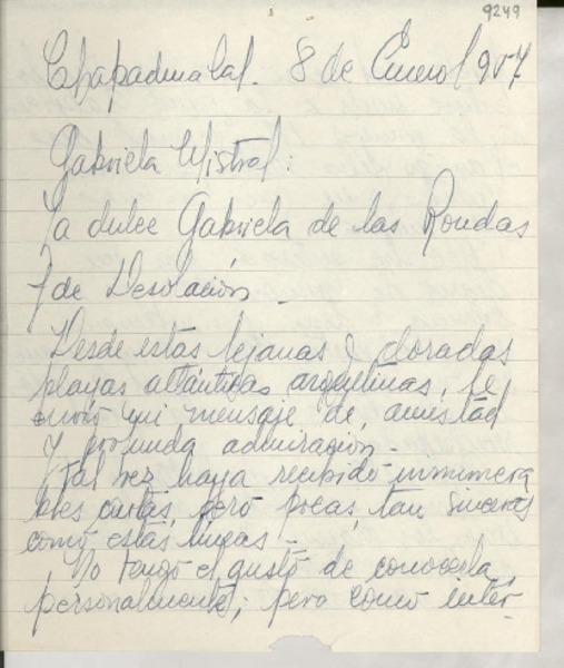 [Carta] 1957 ene. 8, Chapadma, [Argentina] [a] Gabriela Mistral
