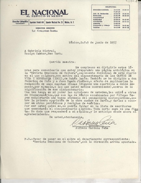 [Carta] 1955 jun. 9, México D. F. [a] Gabriela Mistral, New York