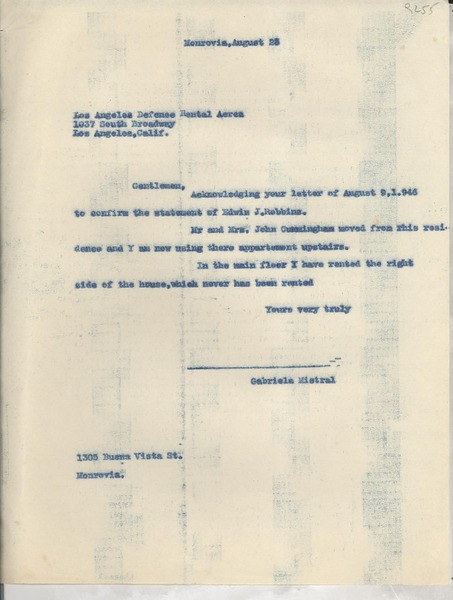 [Carta] [1946?] Aug. 25, Monrovia, [EE.UU.] [a] Los Angeles Defense Rental Area, Los Angeles, Calif., [EE.UU.]