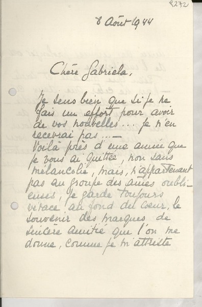 [Carta] 1944 août. 8, [s. l.] [a] Gabriela Mistral