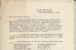 [Carta] 1947 dic. 23, Santa Ana, Calif., [EE.UU.] [a] Gabriela [Mistral]