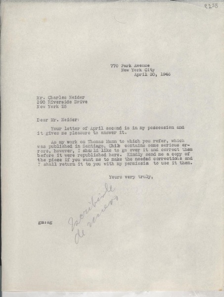 [Carta] 1946 Apr. 30, New York City, [EE.UU.] [a] Charles Neider, New York, [EE.UU.]