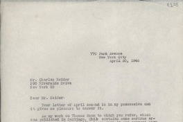 [Carta] 1946 Apr. 30, New York City, [EE.UU.] [a] Charles Neider, New York, [EE.UU.]