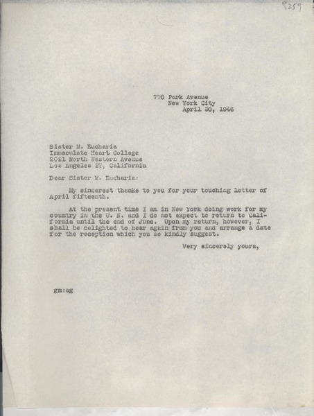 [Carta] 1946 Apr. 30, New York City, [EE.UU.] [a] Sister M. Eucharia, Los Angeles, California, [EE.UU.]