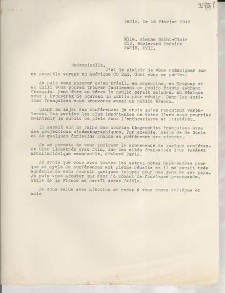 [Carta] 1946 févr. 15, París, [Francia] [a] Gabriela Mistral