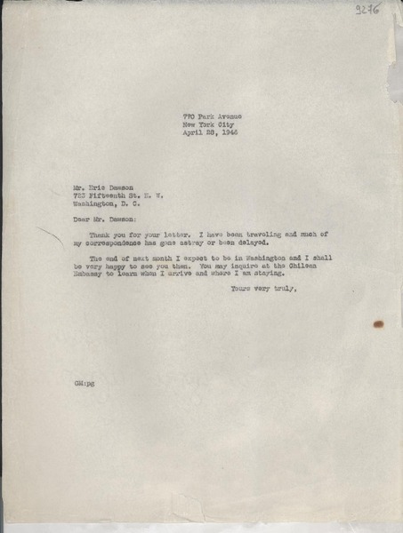 [Carta] 1946 Apr. 28, New York, [Estados Unidos] [a] Eric Dawson, Washington D. C.