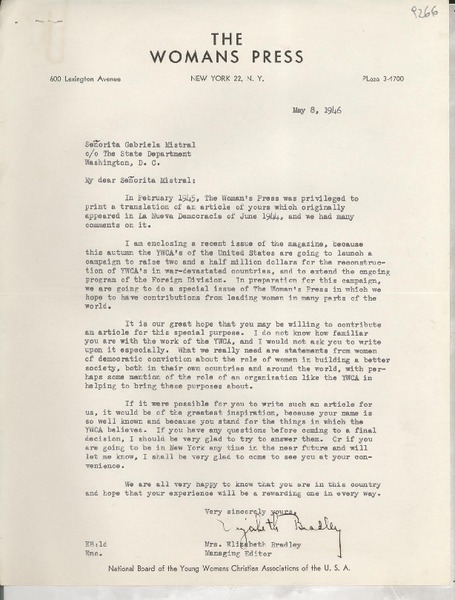 [Carta] 1946 May 8, New York., [EE.UU.] [a] Gabriela Mistral, Washington, D. C., [EE.UU.]