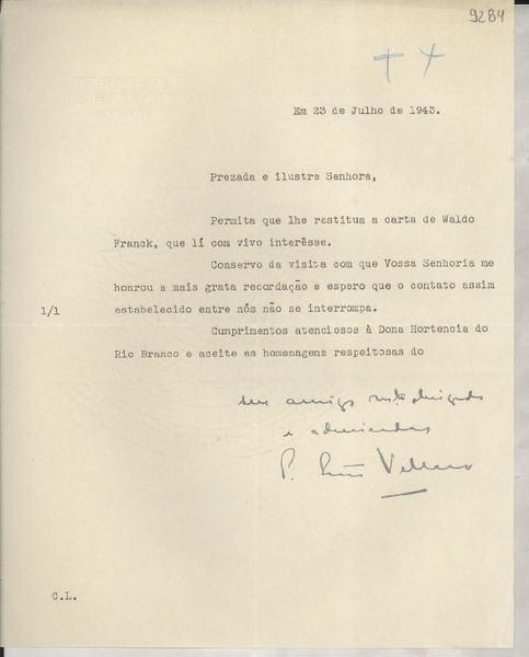 [Carta] 1943 julho 23, Río de Janeiro, [Brasil] [a] Gabriela Mistral