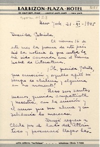[Carta] 1945 nov. 21, New York [a] Gabriela Mistral