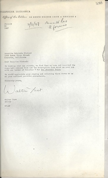[Carta] 1947 Jan. 30, Chicago, [Estados Unidos] [a] Gabriela Mistral, Monrovia, California