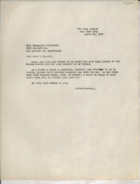 [Carta] 1946 Apr. 29, New York, [EE.UU.] [a] Margarita Ellsworth, Los Angeles, California, [EE.UU.]
