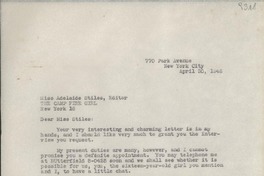 [Carta] 1946 Apr. 30, New York City, [EE.UU.] [a] Adelaide Stiles, New York, [EE.UU.]