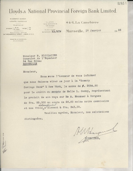 [Carta] 1933 janv. 17, Marsella, [Francia] [a] F. Nicolaides, Marsella