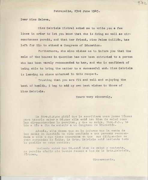 [Carta] 1945 June 23, Petrópolis, [Brasil] [a] Consuelo Saleva