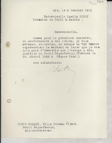 [Carta] 1933 oct. 6, Aix, [Francia] [a] Lucila Godoy, Madrid, [España]