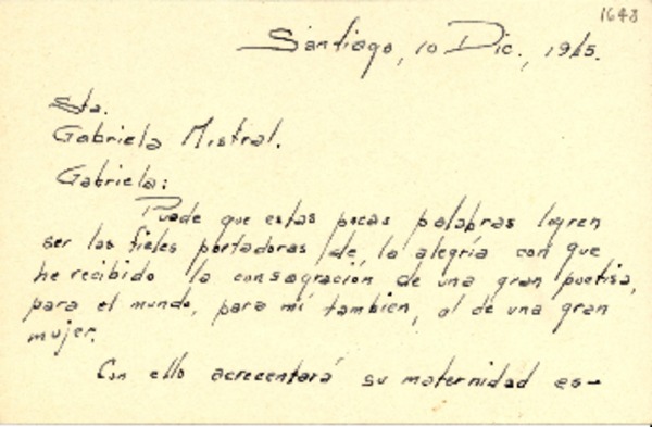 [Tarjeta] 1945 dic. 10, Santiago [a] Gabriela Mistral