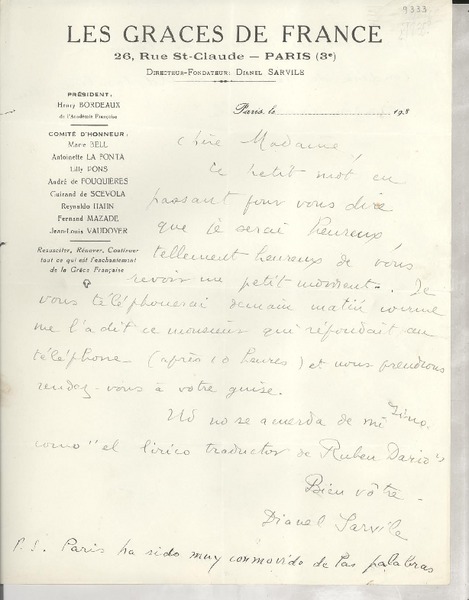 [Carta] 1935, París, [Francia] [a] Gabriela Mistral