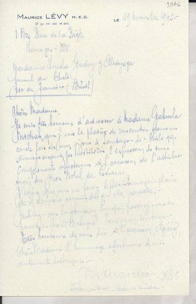 [Carta] 1945 nov. 19, Limoges, [Francia] [a] Lucila Godoy Alcayaga, Rio de Janeiro, Brasil