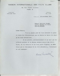 [Carta] 1945 nov. 20, Paris, [Francia] [a] Gabriela Mistral, Rio de Janeiro, [Brasil]
