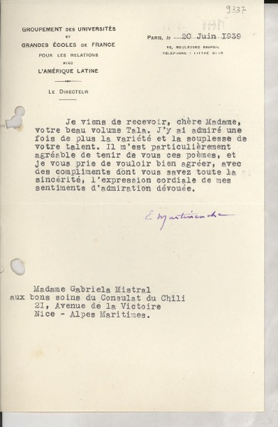 [Carta] 1939 juin 20, París [a] Gabriela Mistral, Niza
