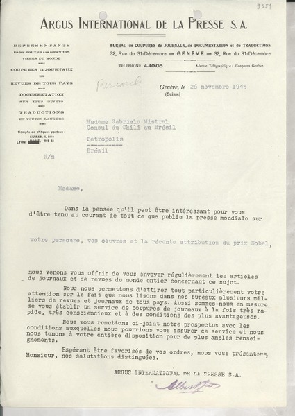 [Carta] 1945 nov. 26, Genéve, [Suisse] [a] Gabriela Mistral, Petropolis, [Brésil]