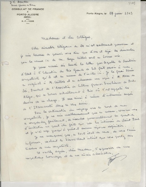 [Carta] 1943 juin 27, Porto Alegre, Brasil [a] Gabriela Mistral