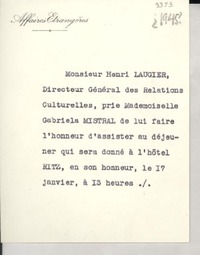 [Tarjeta] [1945?], [Francia] [a] Gabriela Mistral, [Francia]