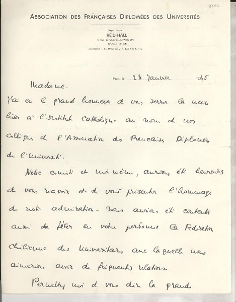 [Carta] 1945 janv 23, [Paris, Francia] [a] Gabriela Mistral