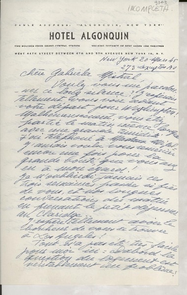 [Carta] 1945 mars 20, New York, [Estados Unidos] [a] Gabriela Mistral