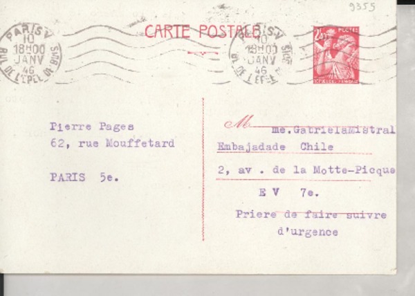 [Tarjeta postal] 1946 janv. 10, [Francia] [a] Gabriela Mistral, [Paris], [Francia]