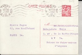 [Tarjeta postal] 1946 janv. 10, [Francia] [a] Gabriela Mistral, [Paris], [Francia]